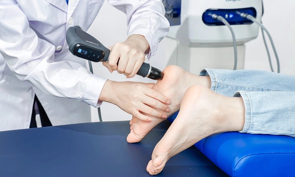 Shockwave therapy being applied to the foot and ankle